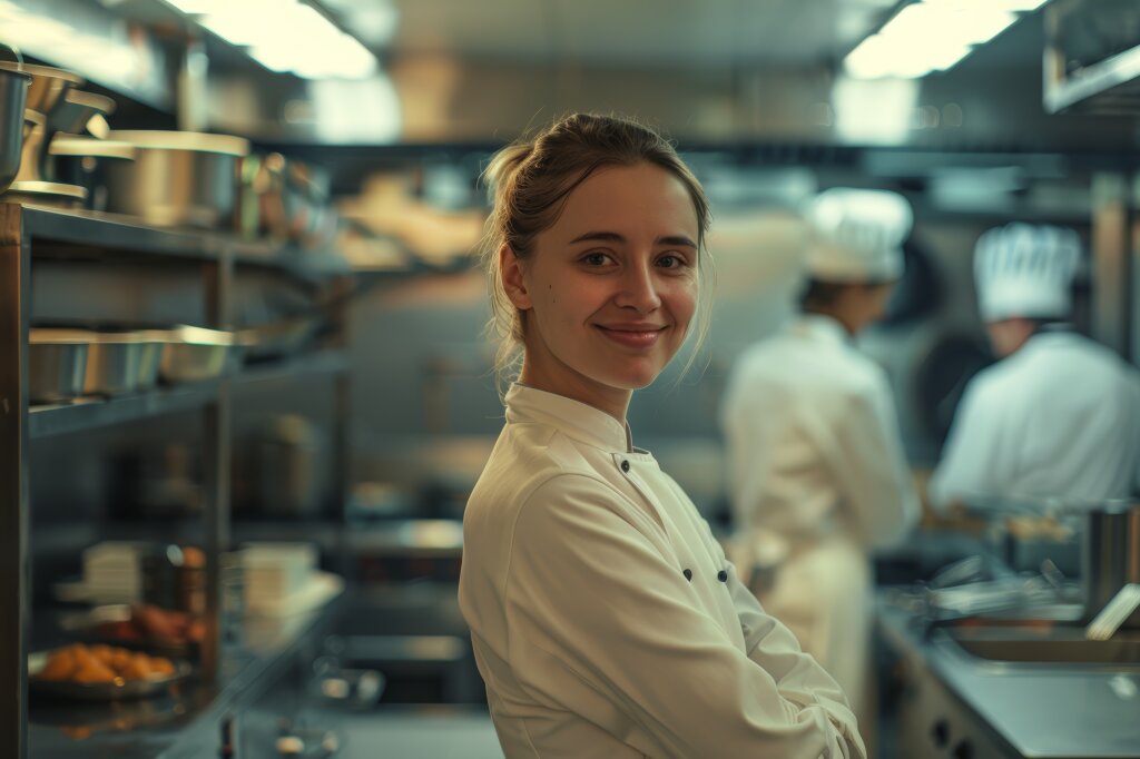Foto: Küstenpixel Giovane cuoca sorride in una cucina professionale, sullo sfondo lavora la brigata.